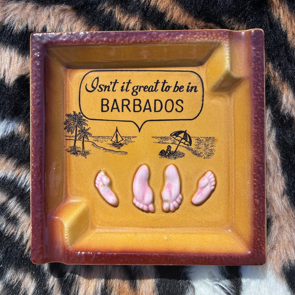 Vintage Barbados Souvenir Ceramic Ashtray Pink Feet Beach Travel Decor